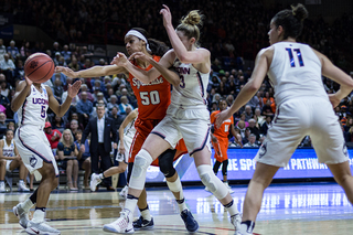 Briana Day reaches for the ball. She had 13 points on 6-of-11 shooting.